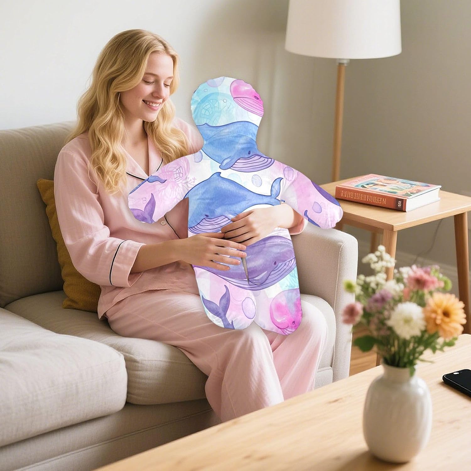 Pink and Blue Whales Human-Shaped Pillow Soft Body Pillows Washable Velvet Pillows for Anxiety Relief Sleeping Cuddling & Support