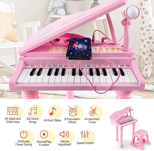 Miniatura 4 de Honey Joy - Piano mini clásico para niños con atril y taburete, piano electrónico portátil, instrumento musical educativo, juguete con micrófono,