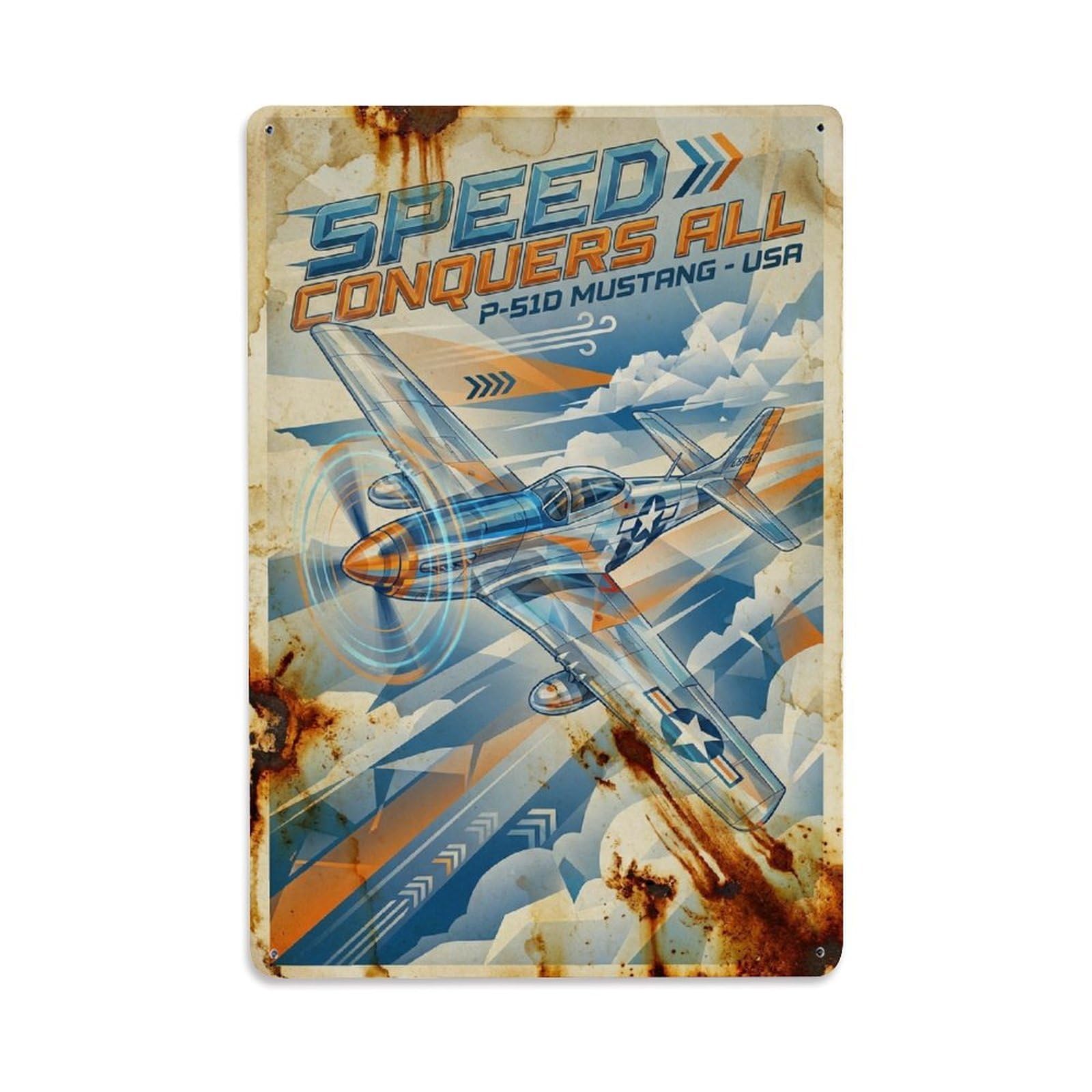 Classic Aviation P-51D Mustang Constructivist Metal Tin Sign Plaque Wall Decor for Cafe, Man Cave, Club Bar, Office, Home Garden Round Metal Poster 8x12Inch