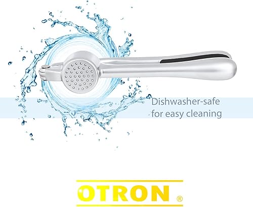Miniatura 5 de OTRON Prensa de ajos de acero inoxidable profesional de gran potencia y con mango blando, picadora de ajo y jengibre