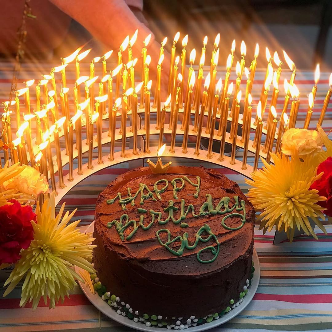 White Birthday Candle Holder, 100 Gold Candles and White & Gold Cake Tray Birthday Bundle Party Decorations - Great for Milestone Birthdays, Restaurant and Home Celebration Events