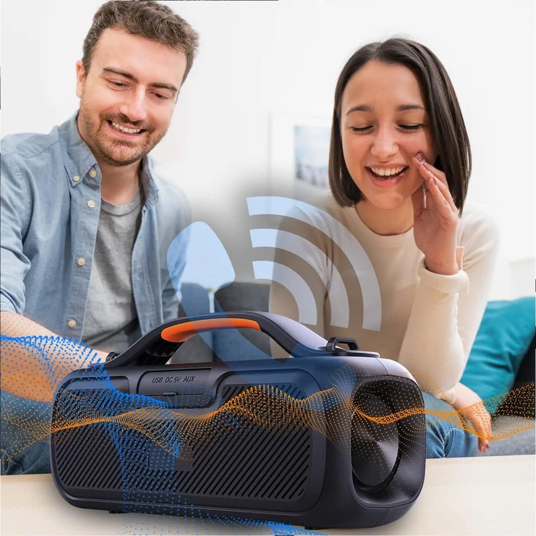 Two people listening to Manta SPK216 with wireless signal icon
