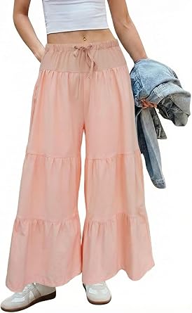 Hooever Women Wide Leg Palazzo Pants Flowy Boho Drawstring Waist Ruffle Hem Capris Bloomer Trousers