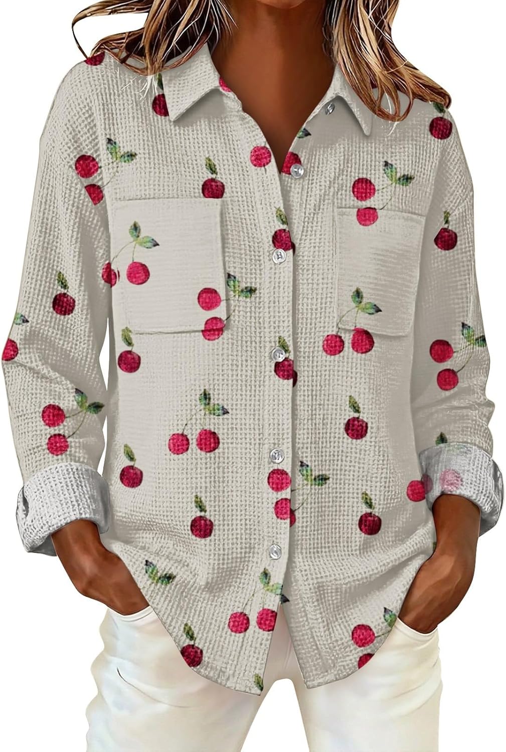 S-5XL Boho Button Shirts for Women Long Sleeve Womens Waffle Weave Blouses with Pockets Ladies Vintage Printed Tops