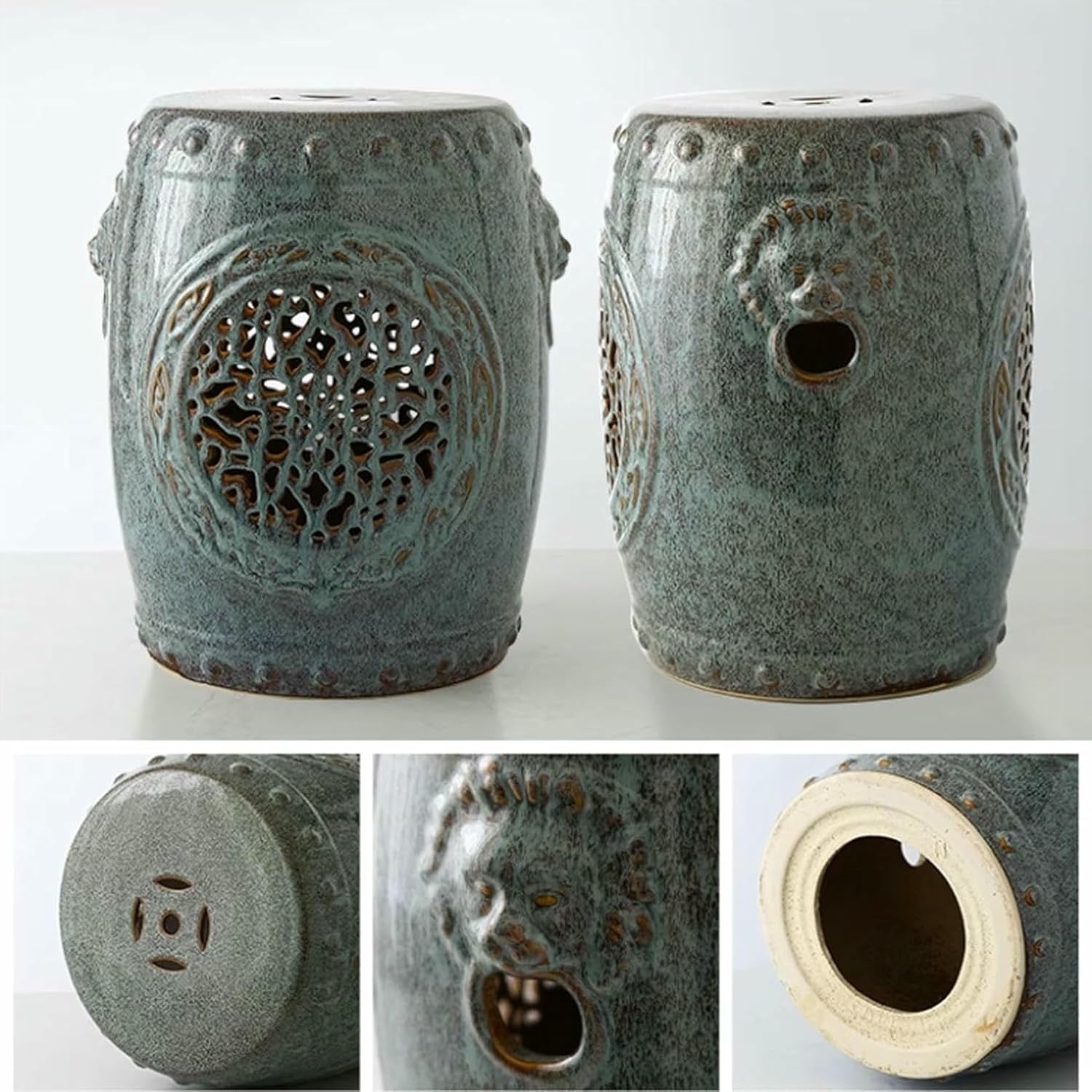 Ceramic Decorative Garden Stool, Chinese Style Ceramic Stool, Retro Ceramic Drum Stool, Cutout Outdoor Garden Stool for Living Room, Garden, Patio, Bronze Green