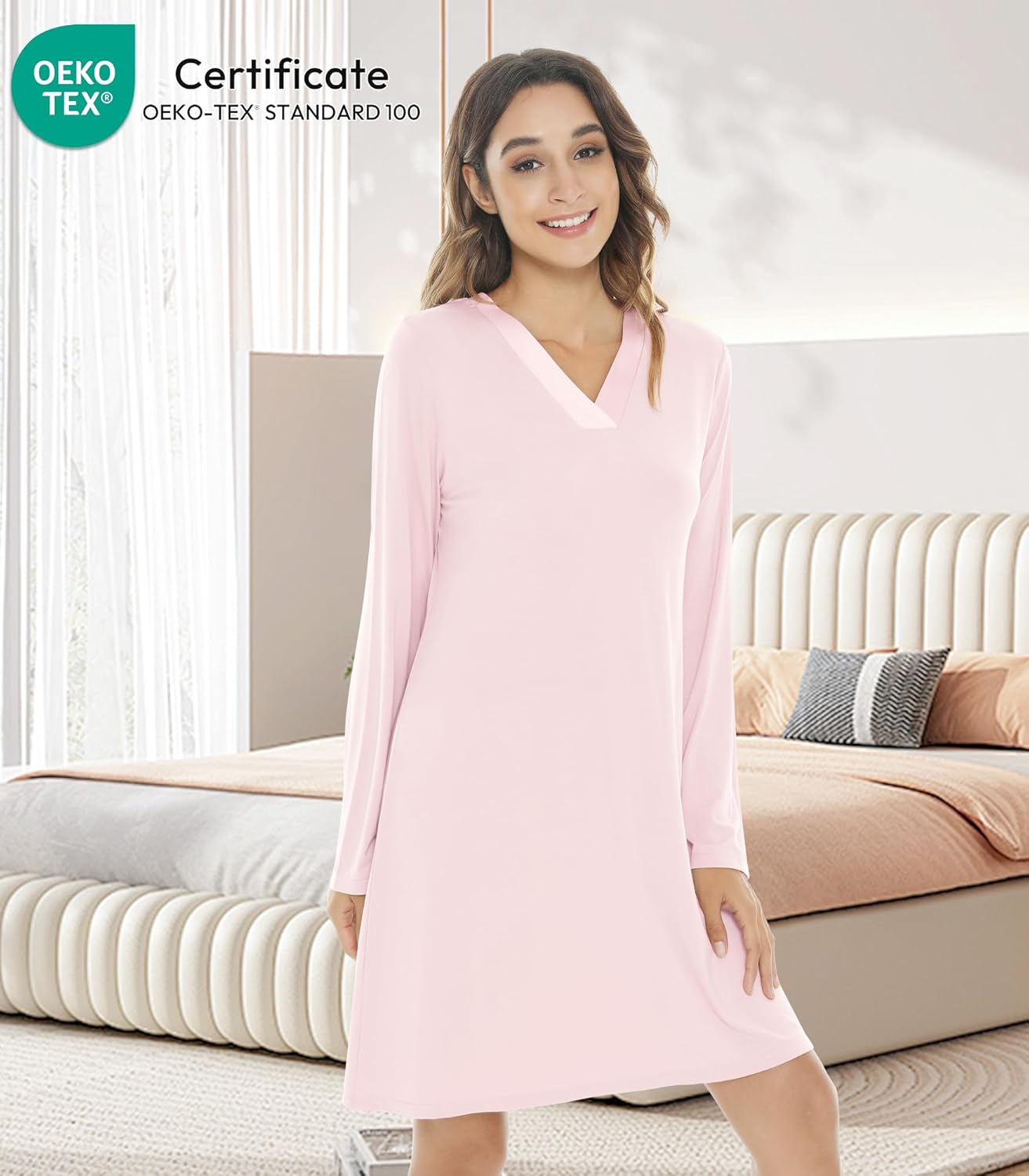NACHILA Nightgowns for Women-Viscose Made from Bamboo,Long Sleeve Night Shirt Soft Sleepshirt Satin V Neck Sleepwear - Image 2