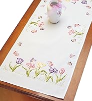 Janlynn Tulip Garden Stamped Embroidery Kit - 14x39 Dresser Scarf, White Poly/Cotton Fabric, Washout Ink Design