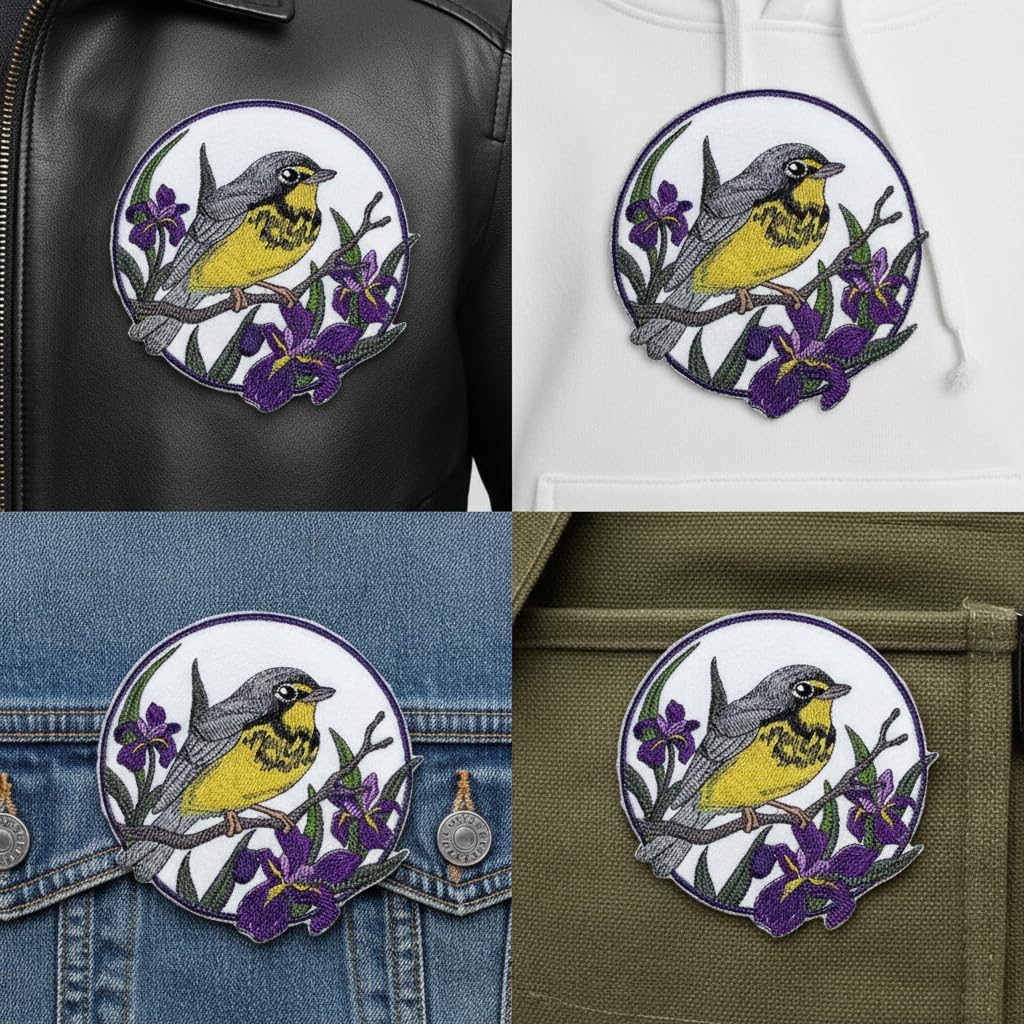 Nature Weaved in Threads, Amazing Birds Kingdom [Canada Warbler and Iris Circle [Custom and Unique] Embroidered Iron on/Sew Patch [5" *5"] [Made in USA]