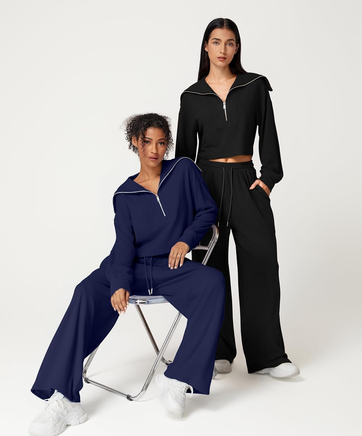 QINSEN Women Cozy 2 Piece Lounge Matching Set Wide Leg Sweatpants Half Zip Crop Sweatshirt Outfits - Image 6