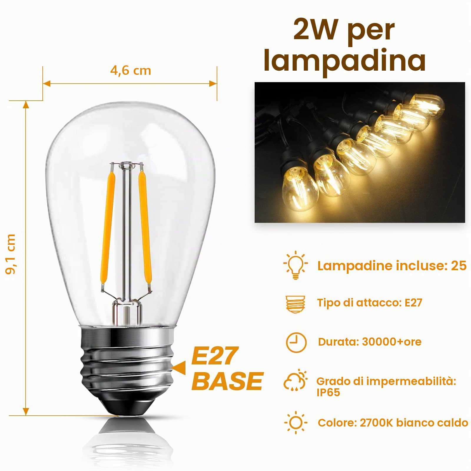 BRIMAX 25 pezzi Lampadina LED E27 S14, Bianco Caldo 2700K 2W 180LM | 230V, vetro trasparente, per stringhe luminose, interni ed esterni, terrazzo, giardino, soggiorno, camera