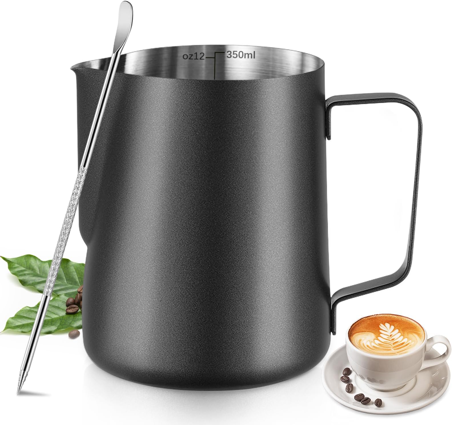 Milk Frothing Pitcher - 12oz/350ml Milk Frother Cup Stainless Steel Jug Steaming Pitcher, Milk Coffee Cappuccino Latte Art Barista Steam Pitchers Milk Jug Cup with Decorating Pen【Black】