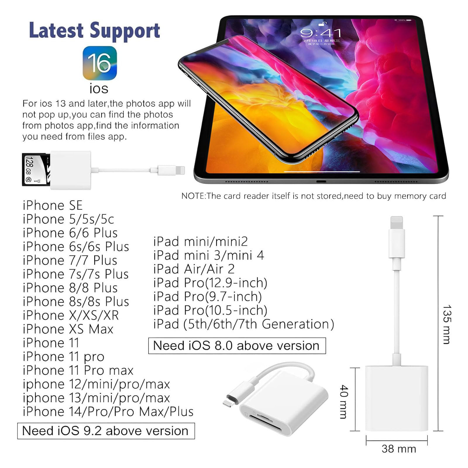 Lecteur de Carte SD pour iPhone iPad, Lightning Adaptateur SD Micro SD