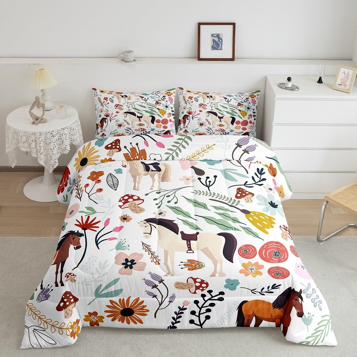 Erosebridal Western Horse Comforter Set Mushroom Floral Twin Bedding Sets for Boys,Cartoon Animal Quilt Watercolor Flowers Leaves Toddler Duvet Insert for Girls Kids Children,Cute Room Decor