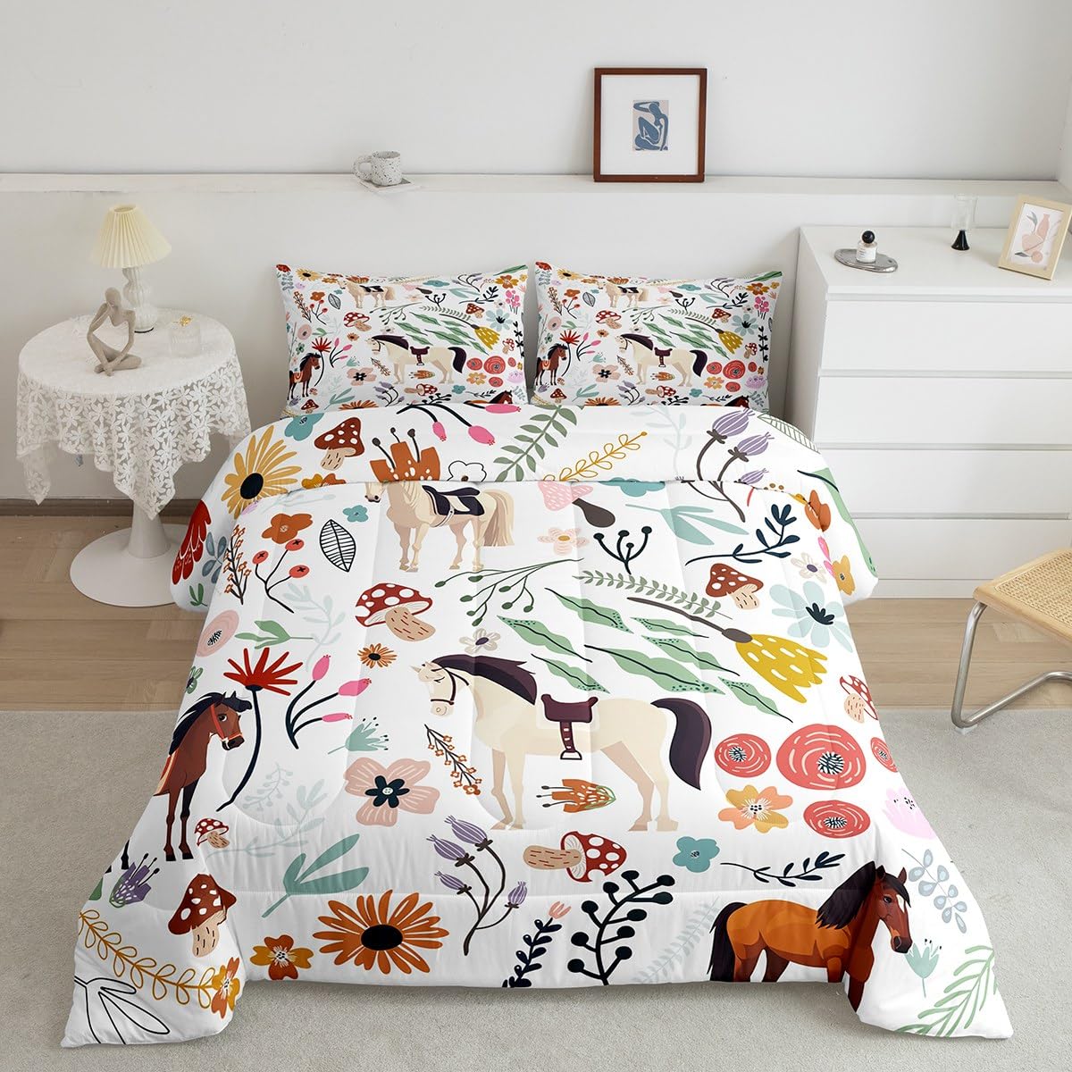 Erosebridal Juego de edredón de caballo occidental, juego de ropa de cama individual con diseño floral de hongos para niños, edredón de animales de dibujos animados, flores de acuarela, hojas, relleno