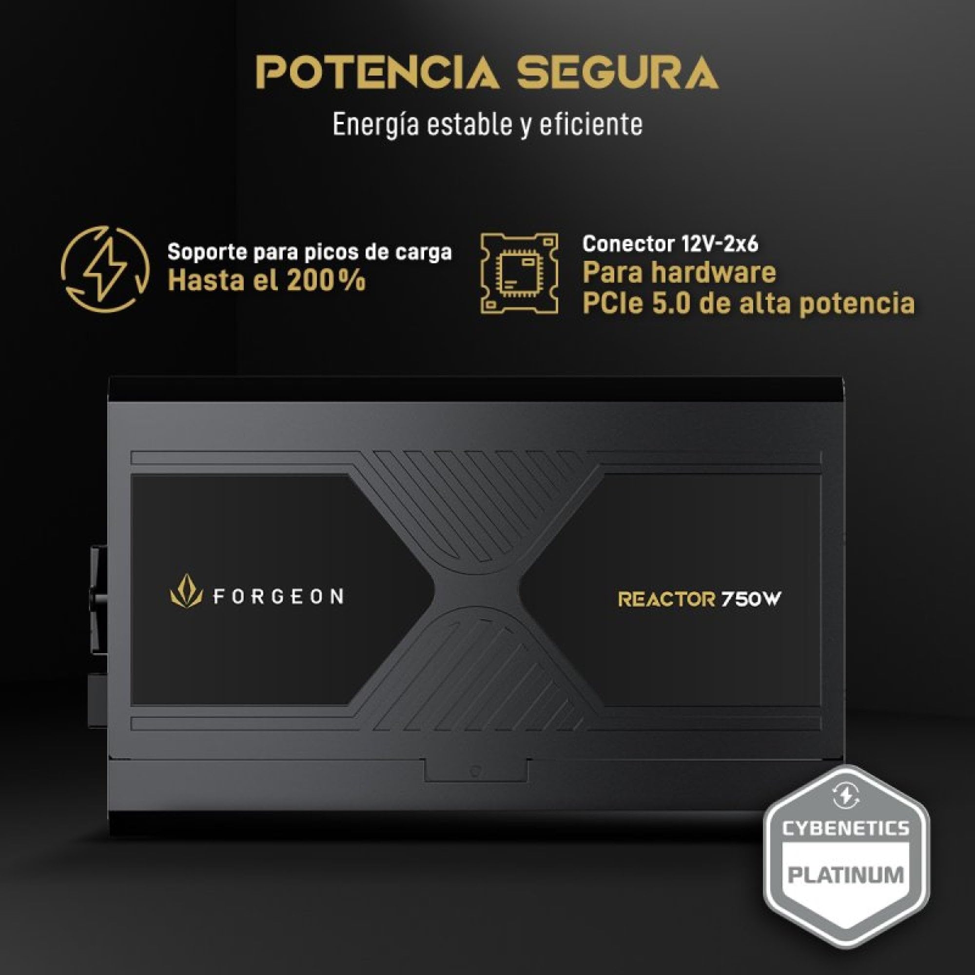 Forgeon Reactor 750W Fuente de Alimentación ATX 3.1 Full Modular, Certificación Cybenetics Platinum, PCIe 5.1 12V-2x6, Ventilador FDB 120 mm, 10 Años de Garantía, PSU para Gaming y PCs de Alto