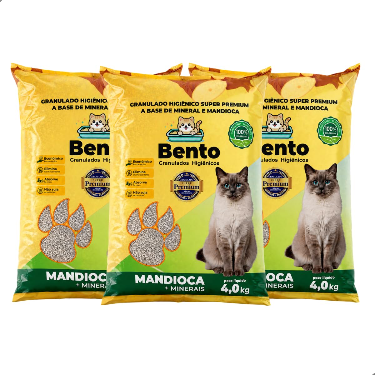 Kit 3 Areia Sanitária Higiênica para Gatos Biodegradável Mandioca e Bentonita 100%