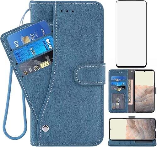 Funda tipo cartera compatible con Google Pixel 6 Pro y protector de pantalla de vidrio templado, soporte para tarjetas de crédito, accesorios para