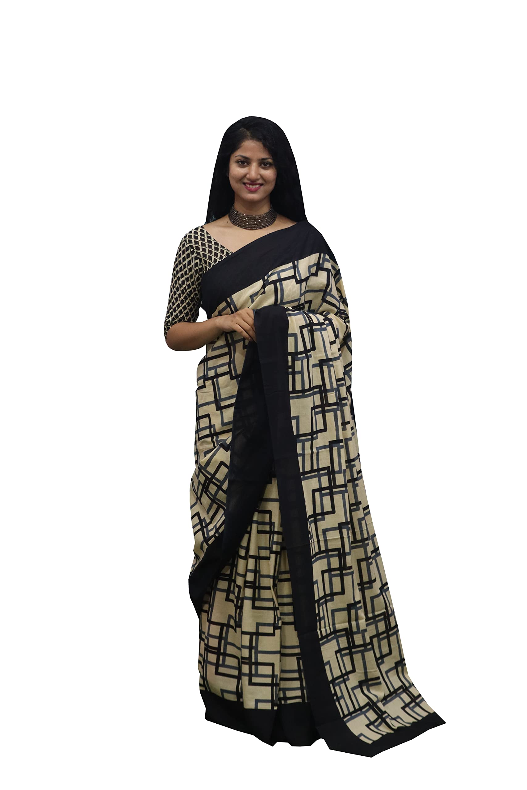 UBK FASHIONCotton Mul Mul Saree For Women's With Unstitched Blouse Bagru sanganeri Handblock Batik Print UBK-102, Black, One Size