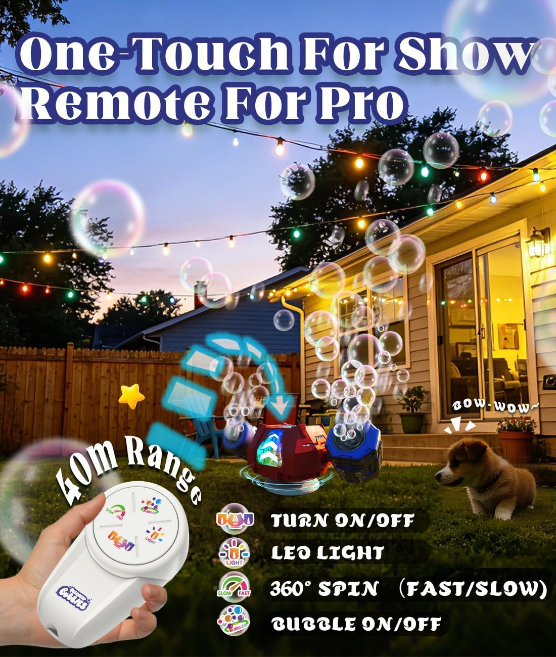 Bubble Machine - Auto 360° Rotation, Remote Control(65-131ft), 9Colors RGB Lights, 40000+ Bubbles, 1200mAh USB-C Rechargeable - Gift Toys for Kids, Toddler, Boys, Girls, Parties, Birthday, Wedding