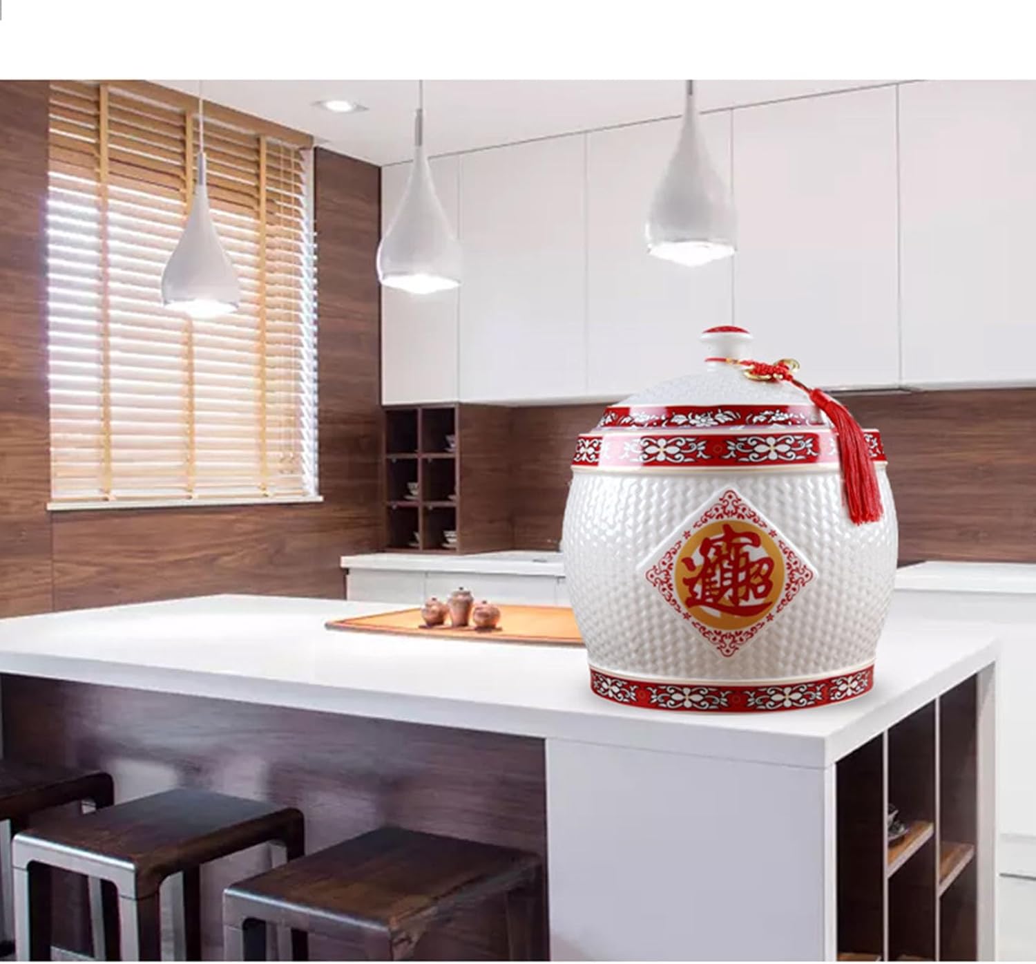 Rice Jar with Lid - Traditional Chinese Style Food Storage Jars for Cereal, Flour, Sugar, Coffee - Ceramic Household Rice Storage Box