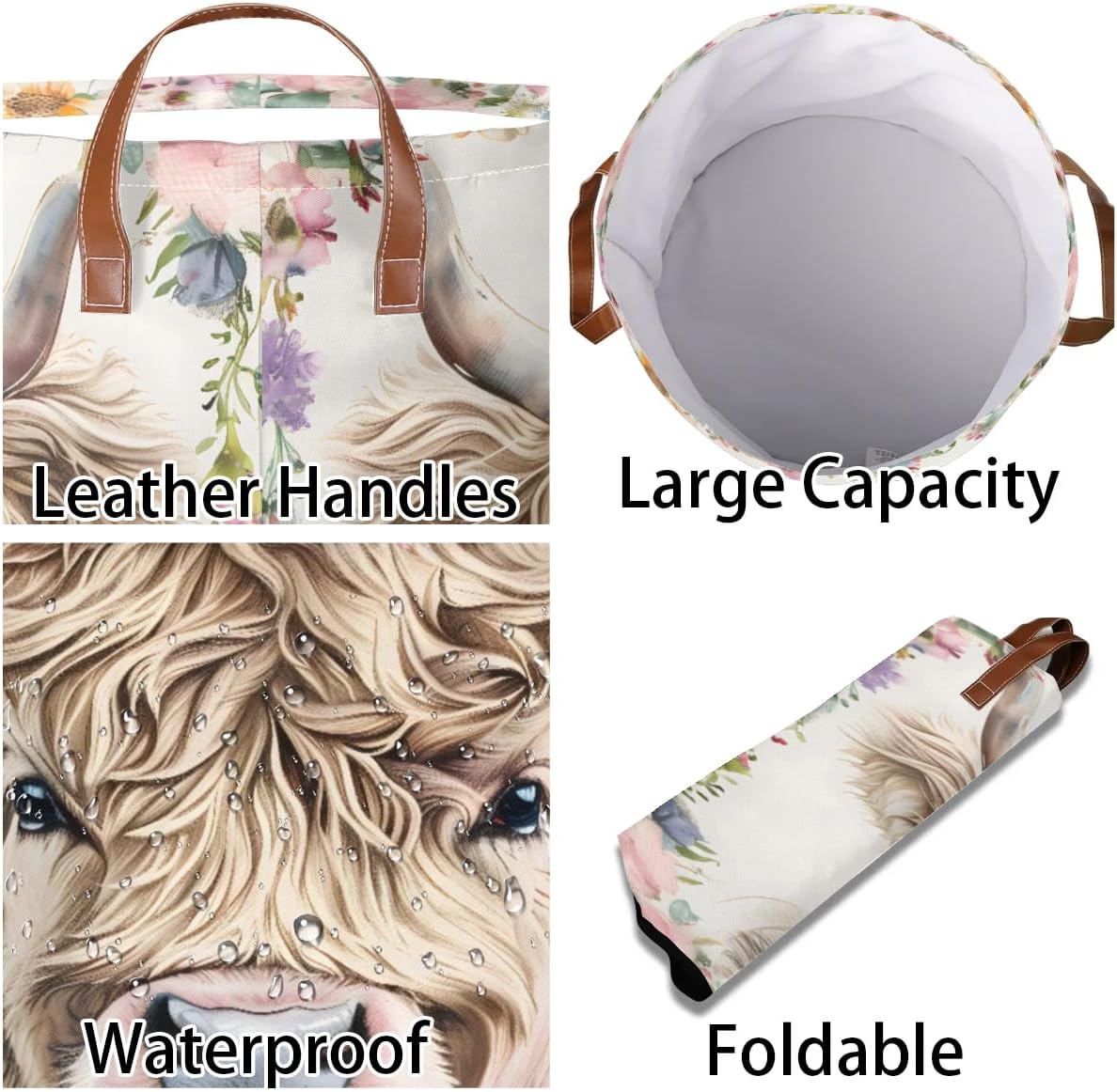 Highland Cow Laundry Basket Waterproof Collapsible Hamper With Handles Oxford Cloth Dirty Clothes Tote for Bathroom, Bedroom, Living Room