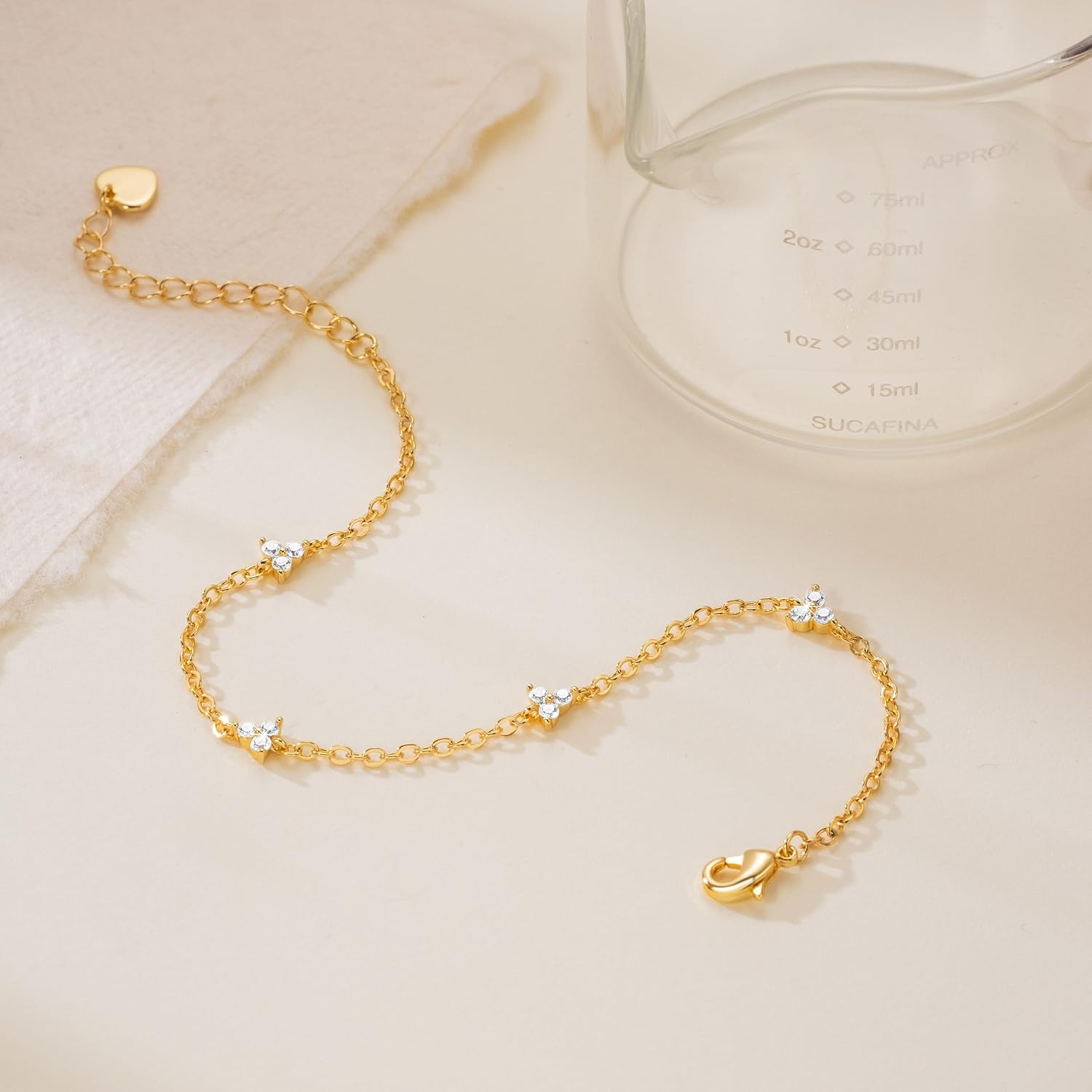 Gold Bracelets for Women 14K Gold Bracelets for Women Clover Bracelet for Womens Romantic Stackable Link Chain Cubic Zirconia Bracelet for Womens With Adjustable Size 7in-8.6in