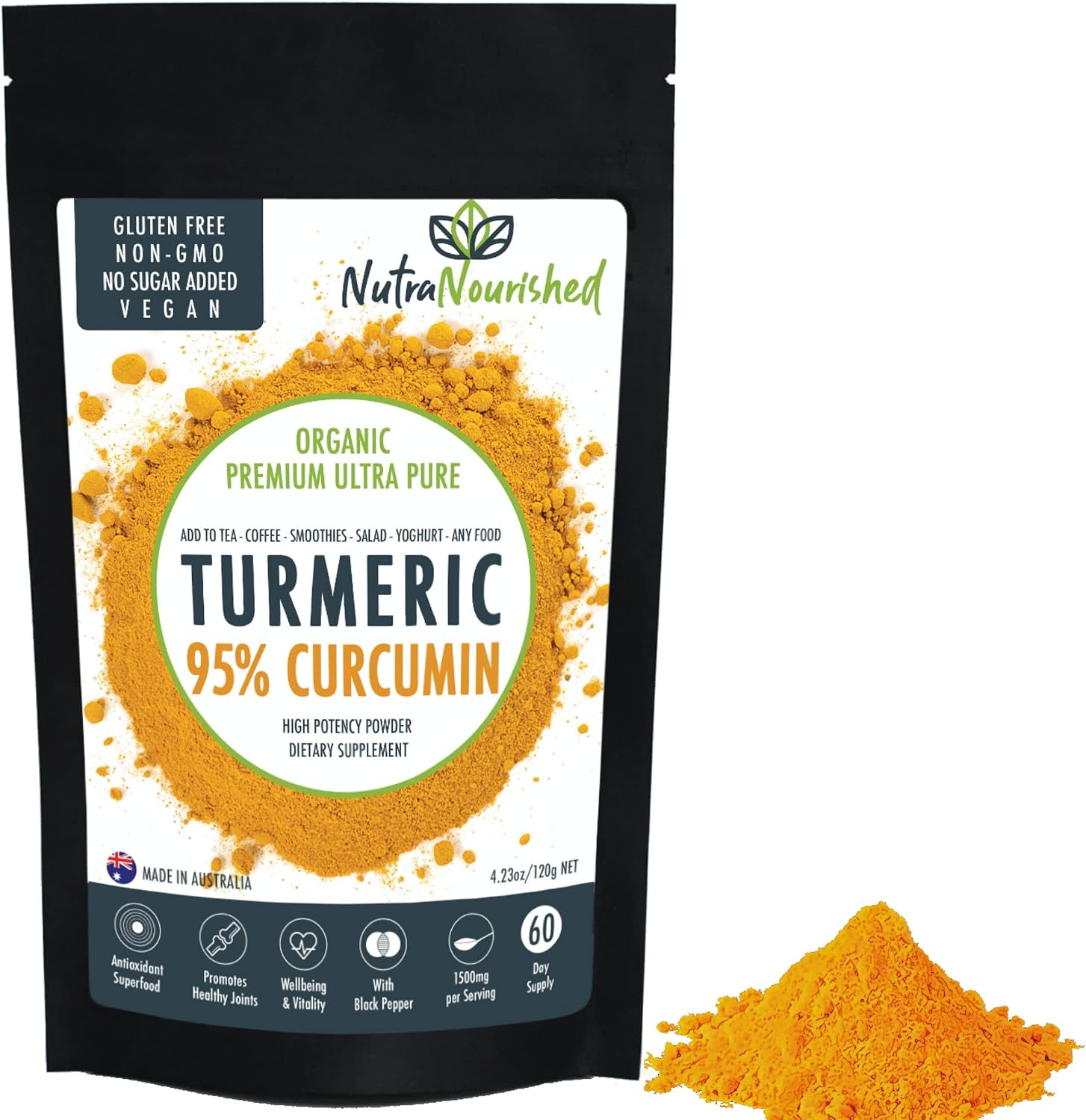 Pure Organic 95% Curcumin Powder - 1500mg Turmeric Extract with Black Pepper for Maximum Absorption - Natural Wellness Support