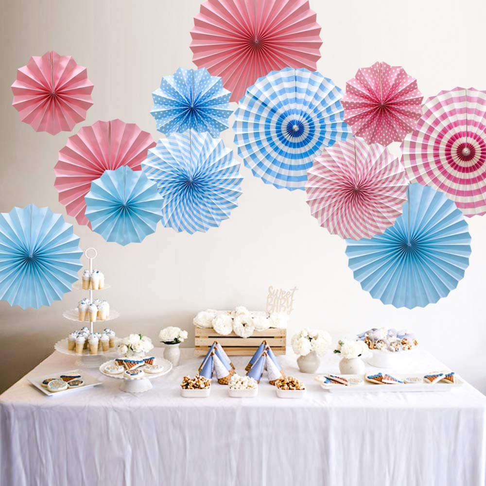 ADLKGG Hanging Paper Fans Party Set, Round Pattern Paper Garlands Decoration for Birthday Baby Boy Shower Graduation Bachelorette, Set of 6 (Blue) 1