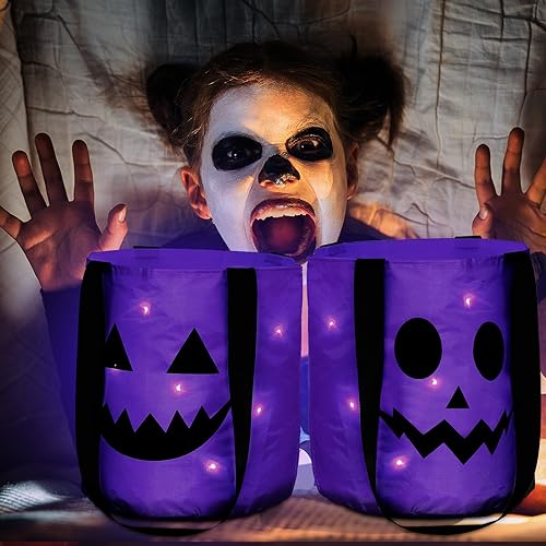 Miniatura 4 de Sadnyy 3 bolsas de Halloween con luz LED, cubo de calabaza, bolsas de Halloween iluminadas con cara de calabaza sonriente, bolsas de dulces