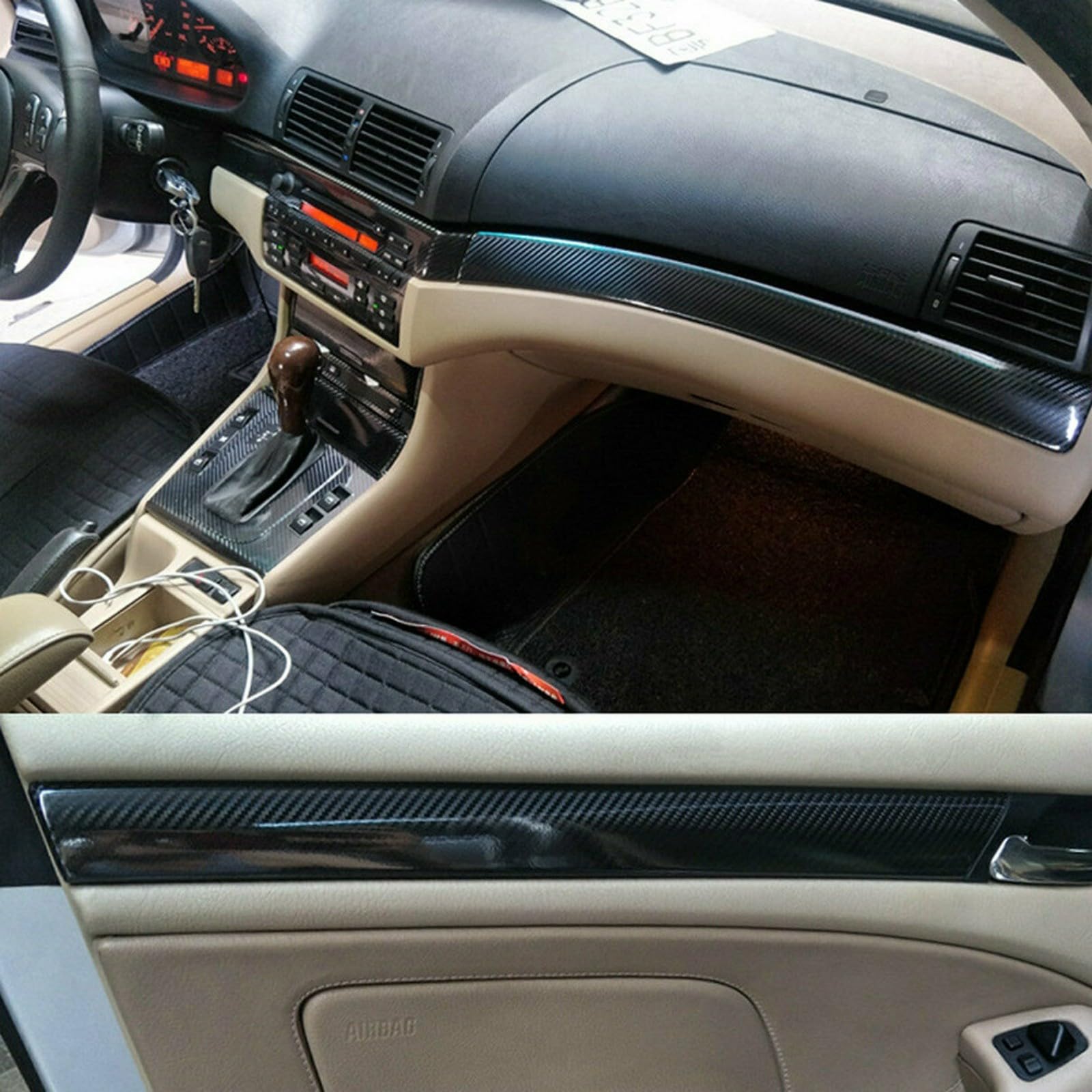 NexRen Adhesivo de fibra de carbono 5D para BMW Serie 3 E46 1998-2005, para interior de coche, acabado brillante de fibra de carbono, interior para salpicadero