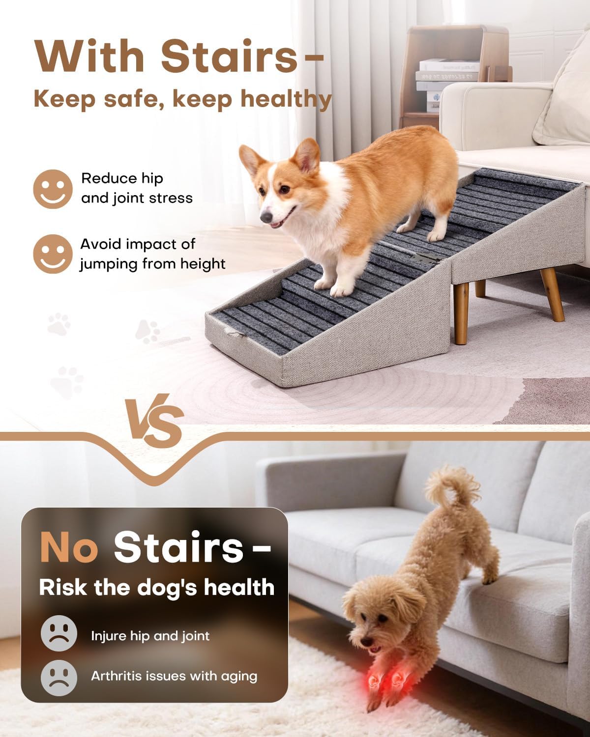 Dog Stairs for Small Dogs 17.13" H, 4-Step Doggie Ramp for Couch Bed Sofa and Chair, Foldable 2 in 1 Wooden Pet Steps for Puppy Medium/Large Dogs and Cats, Split Ottoman Design (17.13" H-Apricot)