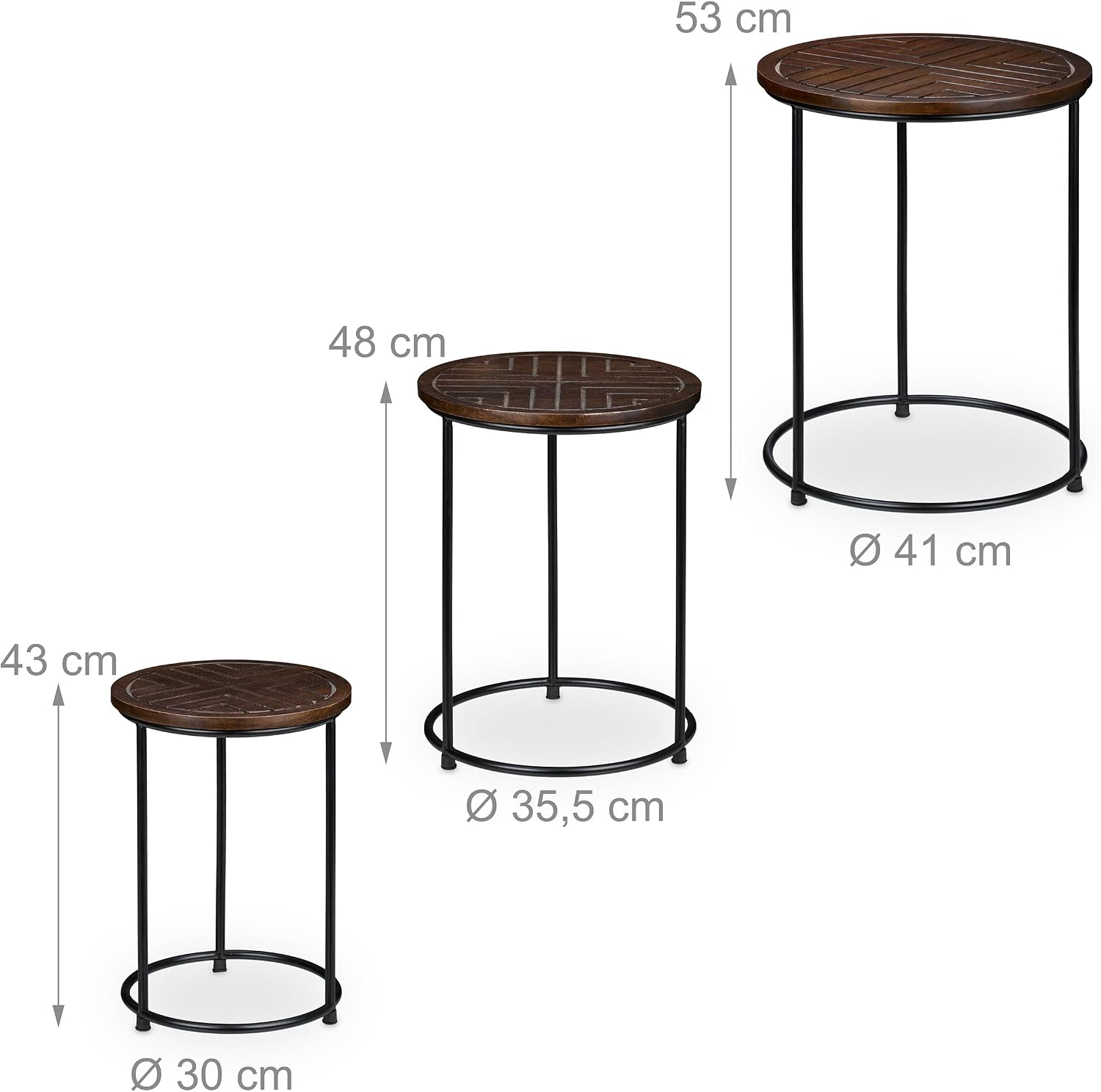 Relaxdays Nesting, Set of 3, Mango Wood and Iron, Round Side-Tables, for Living Room or Hallway, Brown/Black, 53 x 41 x 41 cm