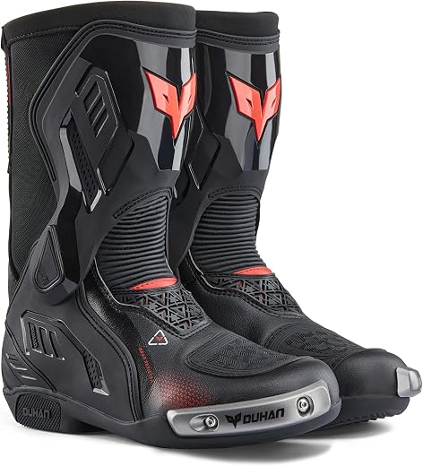 DUHAN Motocross Boots Anti Slip Racing Road Boots Motorcycle Riding Leather Boots with Dual-Axis System for Men Women