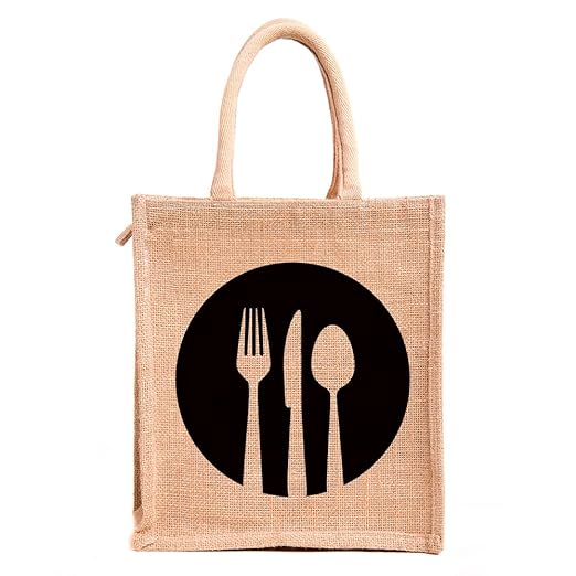 H&B Men's Jute Tiffin Bags with zip for lunch (Medium Size, Print Dine 3, Beige, Size 11x9x6