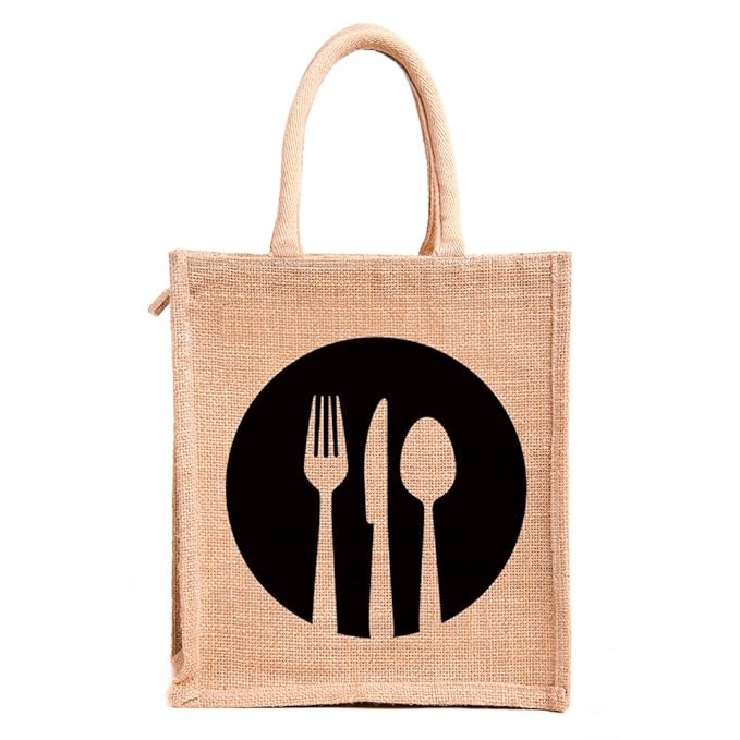 H&B Men's Jute Work Tote Tiffin Bags With Zip For Lunch (Medium Size, Print: Dine 3, Beige, Size: 11X9X6 Inch).