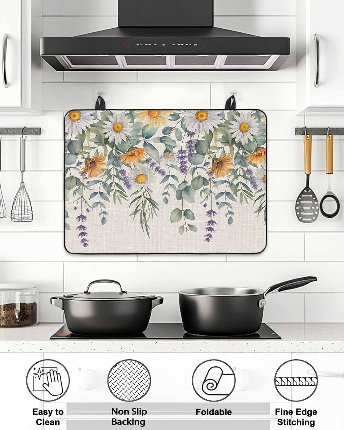 White Yellow Daisy Stove Cover for Electric Stove, Vintage Eucalyptus Leaves Lavender Spring Stove Top Cover for Glass Top, Heat Insulation Rubber Mat Foldable Cooktop Top Protector, 36"x21"