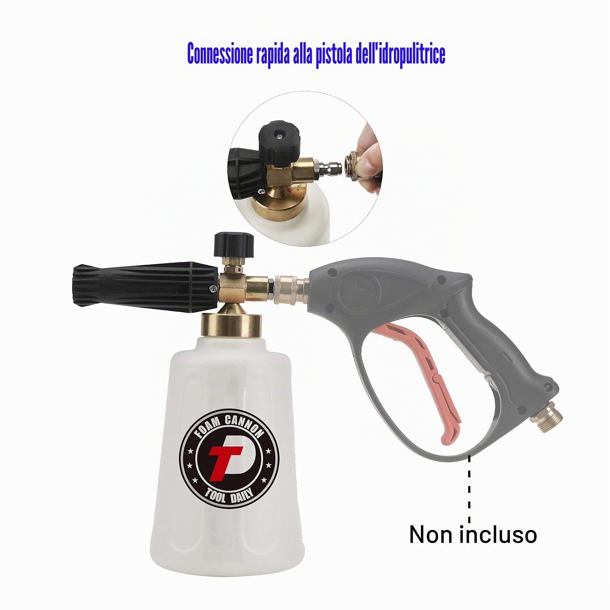 Tool Daily Schiuma Cannone, Regolabile Snow Foam Lancia per idropulitrice, Schiuma Blaster per lavaggio auto, Ugello orifizio aggiuntivo 1,1 mm, 1/4 "