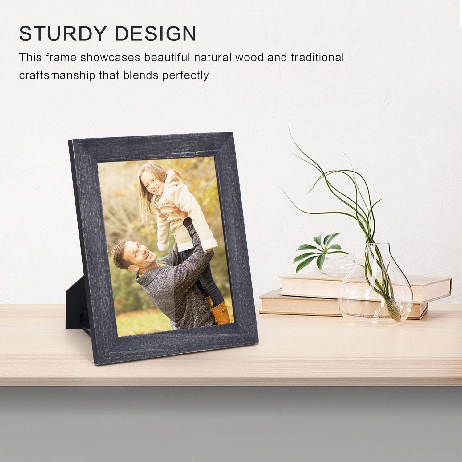 DLQuarts 8x10 Picture Frame, Wall Mount and Tabletop, Rustic Solid Wood, Wide Frame Photo Display Weathered Black, Best Gift Choice
