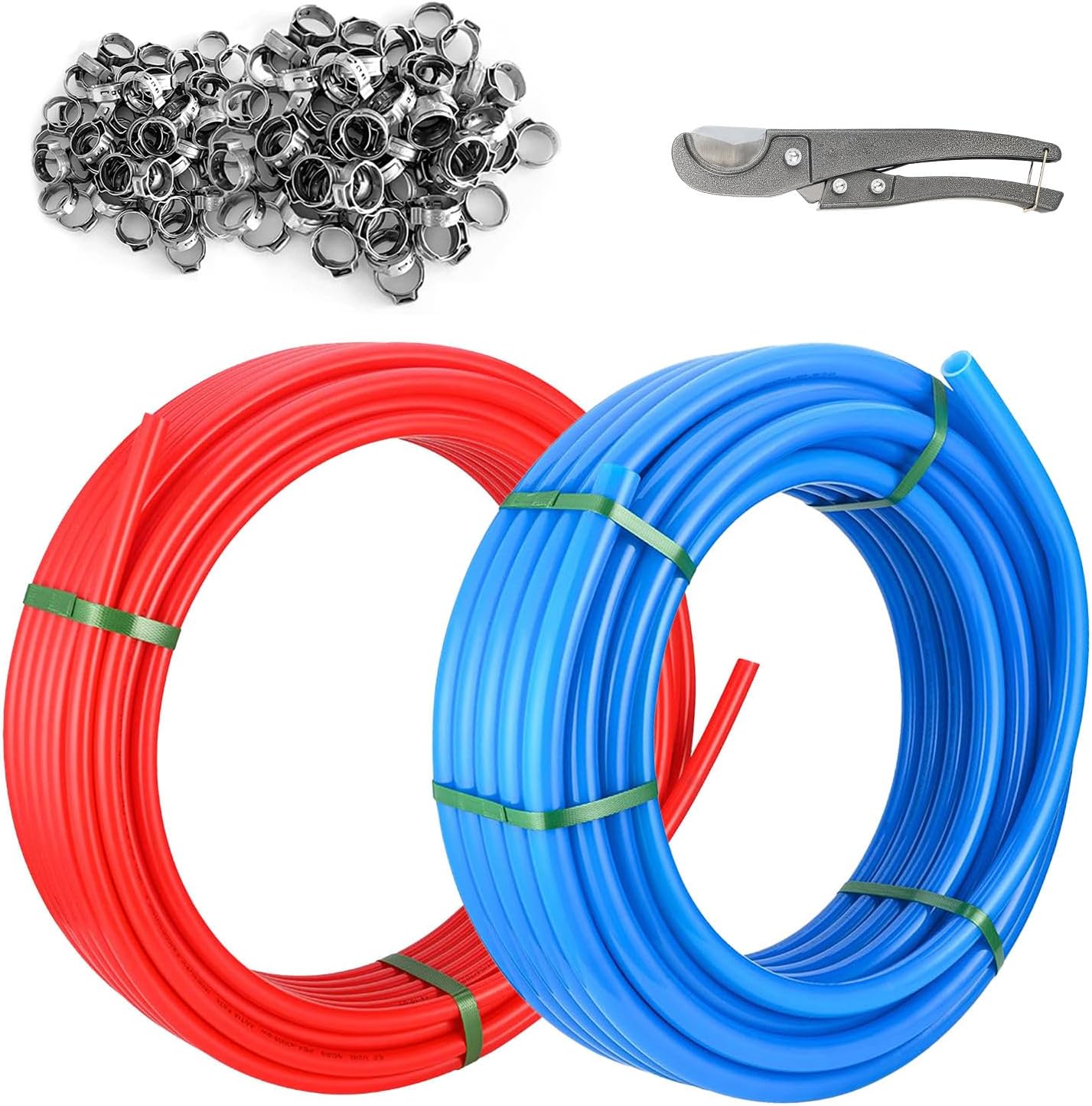 3/4-inch 2 x 100 ft Foskan PEX-B Pipe (100 ft Red + 100 ft Blue),Water Tubing with a Pipe Cutter,15 PCS PEX & 50 PCS Cinch Clamps,a Crimper Tool,a Canvas Bag