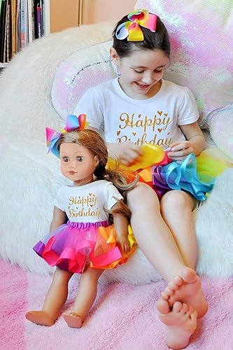 Vista 3 de ZITA ELEMENT Ropa de cumpleaños para niñas, muñecas a juego, 1 camisa de algodón con lentejuelas arcoíris, 1 falda tutú arcoíris y 1 pinza