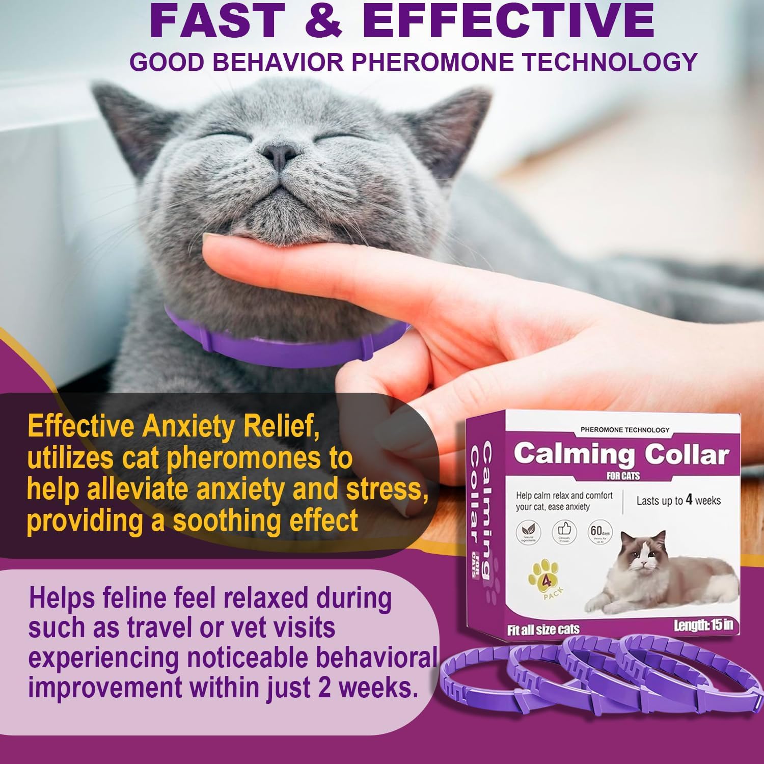 Cat Calming Collar, Calming Collar for Cats 4 Pack, Pheromone Collars for Cats – Adjustable 15″, 60-Day Lasting Stress & Anxiety Relief, Reduce Noise Fear, Scratching & Separation Anxiety (Pruple) - image 2