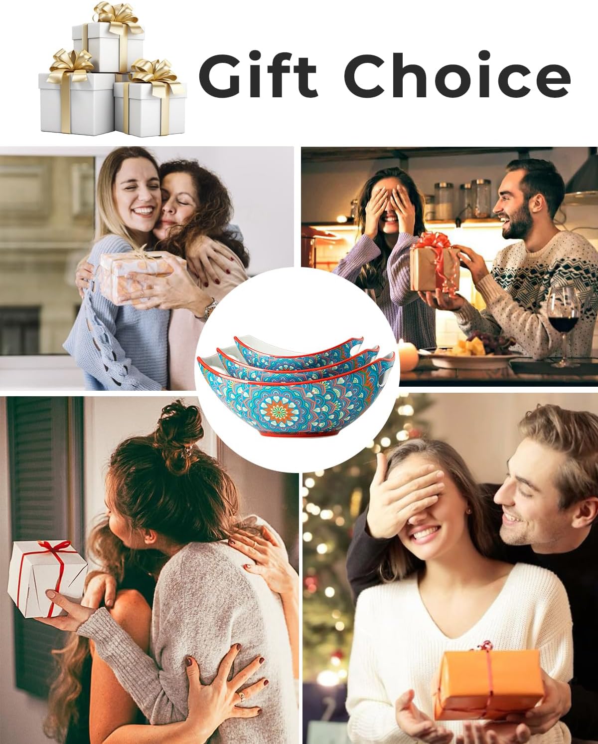 LAUCHUH Serving Bowls with Handles, Bohemian Porcelain Serving Dishes for Entertaining Colorful Nesting Bowls Salad Bowls for Kitchen, Easter Party, Set of 3, 15/28/49 oz, Blue and Red