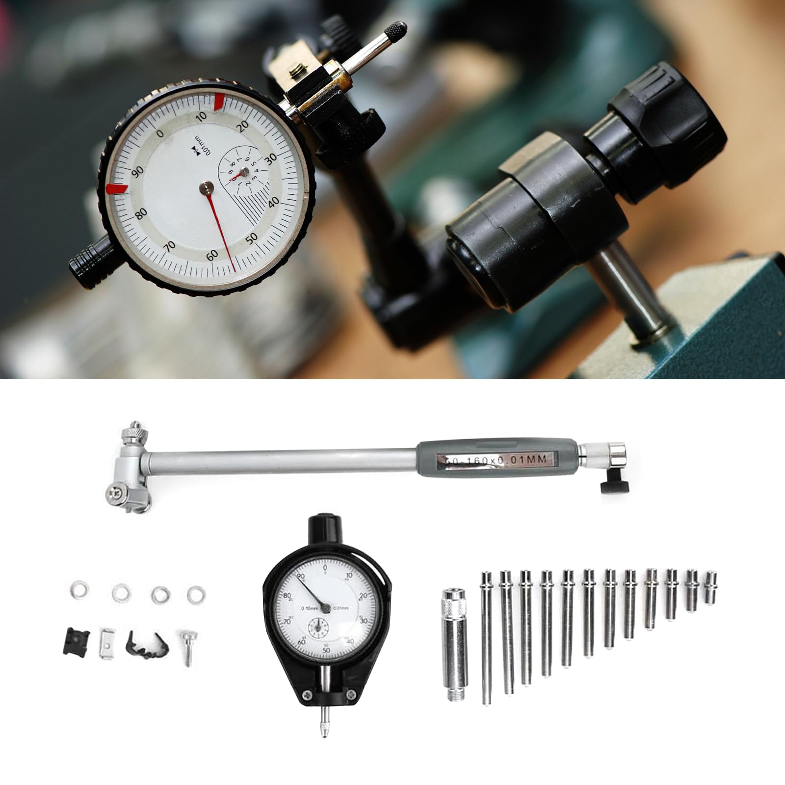 Innenmikrometer, Bohrungslehre Messuhr set 50-160mm Hohe Präzision 0,001mm Messuhr mit 12 Sonden, Innendurchmesser Messuhr Dial Bore Gauge Industriemesswerkzeug