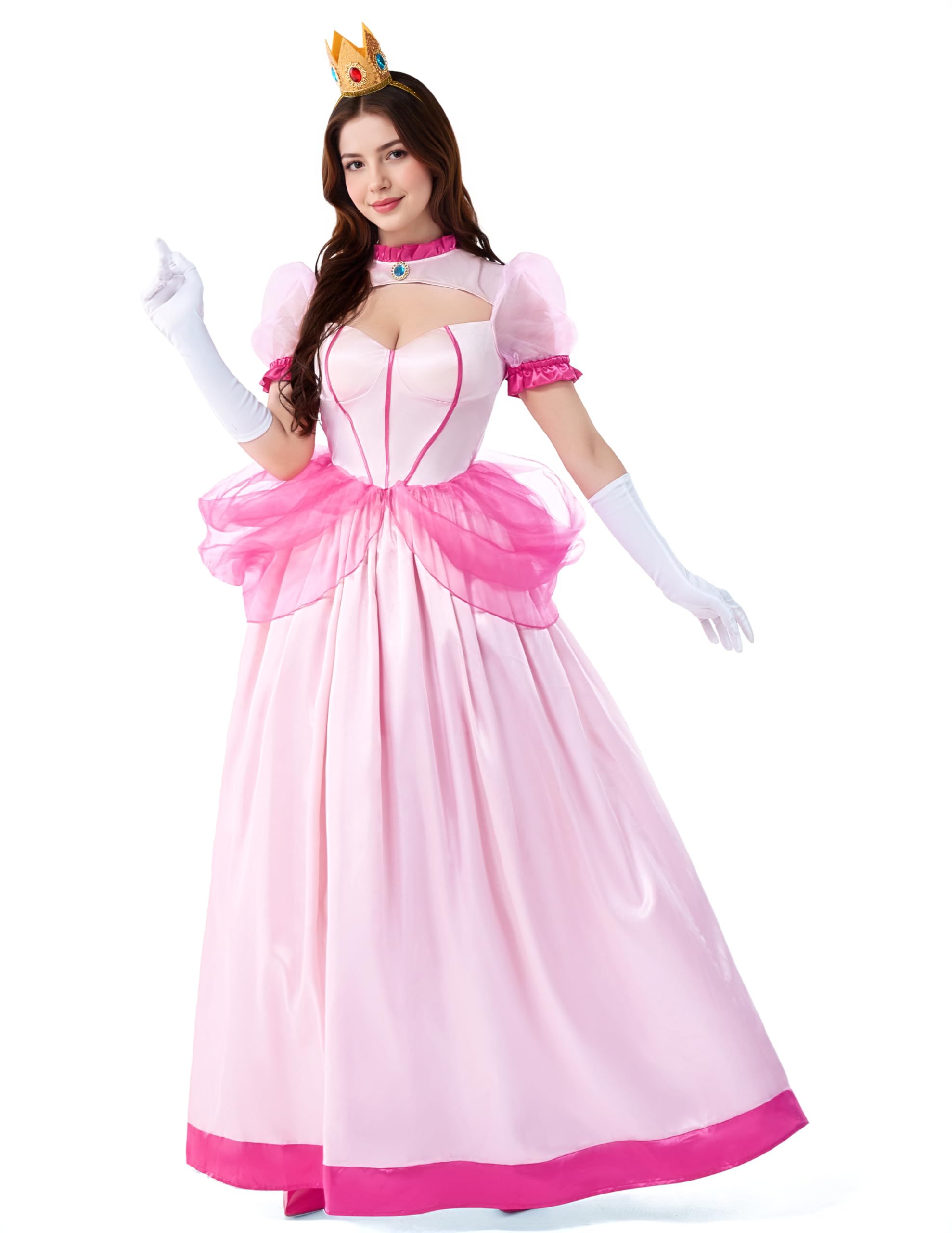 Spooktacular Creations Disfraz Mujer Vestido Rosa Melocotón con Guantes y Corona, Vestido Princesa para Disfraces Halloween Mujer 2024, Fiestas de Disfraces-S