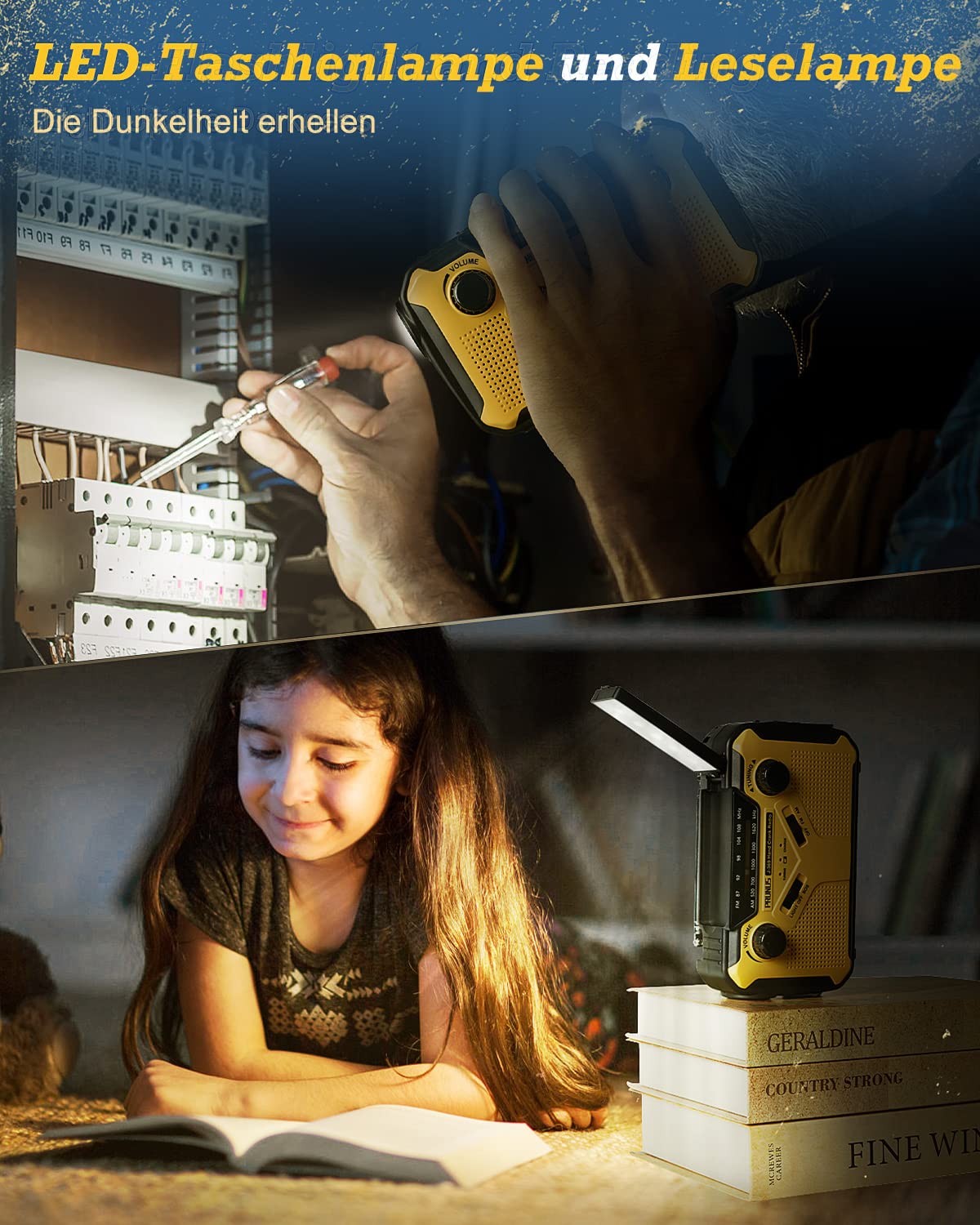 PRUNUS J-369 Solar Radio Kurbel Notfall, Kurbelradio FM/AM Radio Batteriebetrieben, Notfallradio Dynamo Radio mit 3000mAh Power Bank/SOS Alarm/Taschenlampe&Leselampe für Camping, Ourdoor, Notfall.