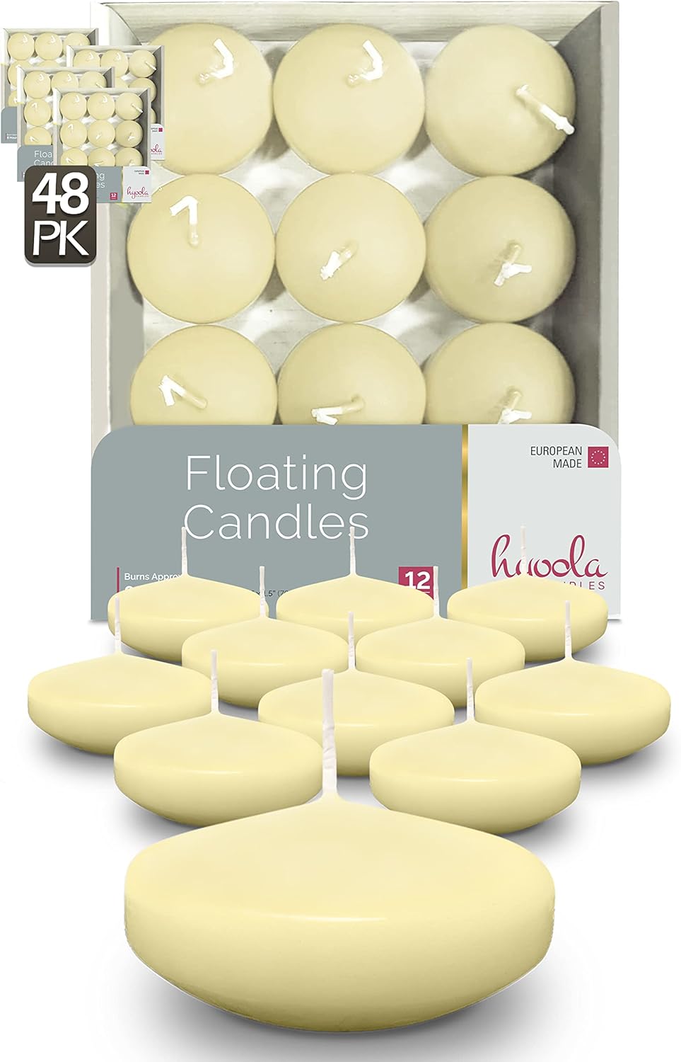 Hyoola Premium Ivory Floating Candles 3 Inch - 8 Hour - 48 Pack - European Made