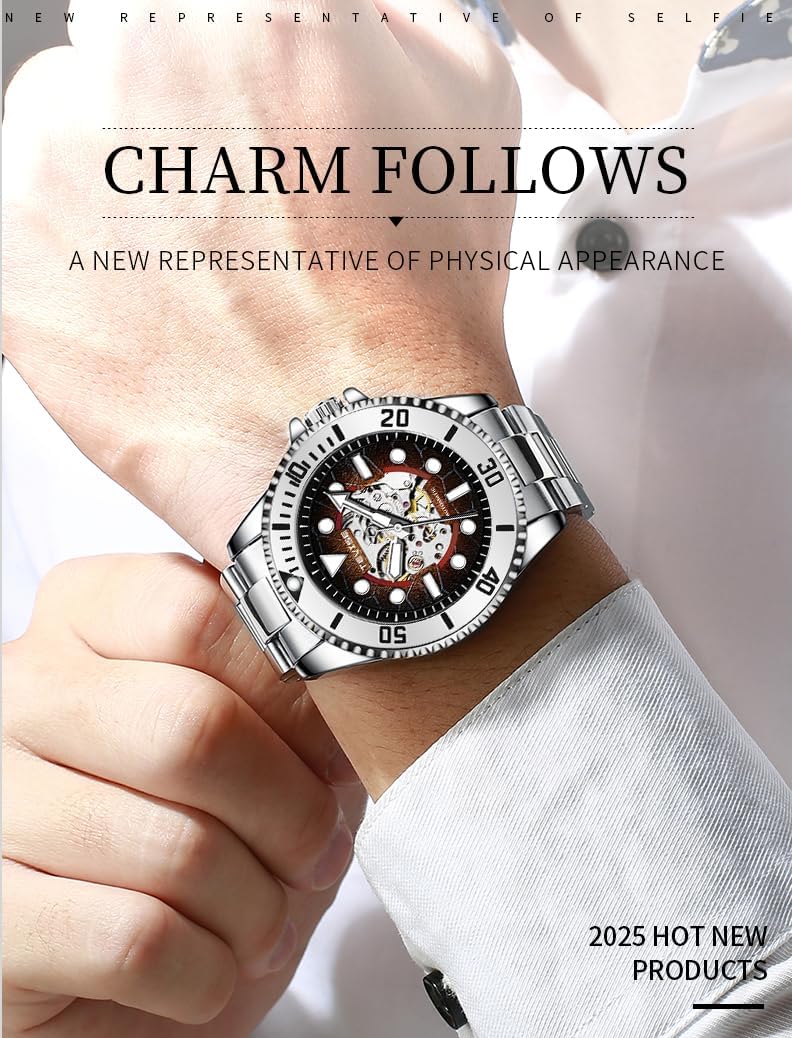 Verhux Skeleton Automatic Mens Watches with Stainless Steel Sliver Band Waterproof Wrist Watches for Mens