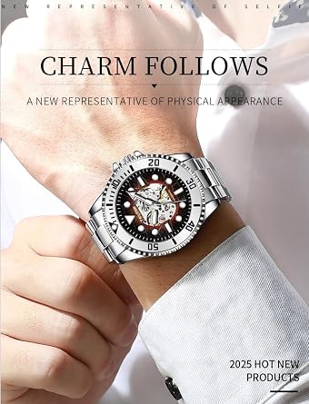 Verhux Skeleton Automatic Mens Watches with Stainless Steel Sliver Band Waterproof Wrist Watches for Mens