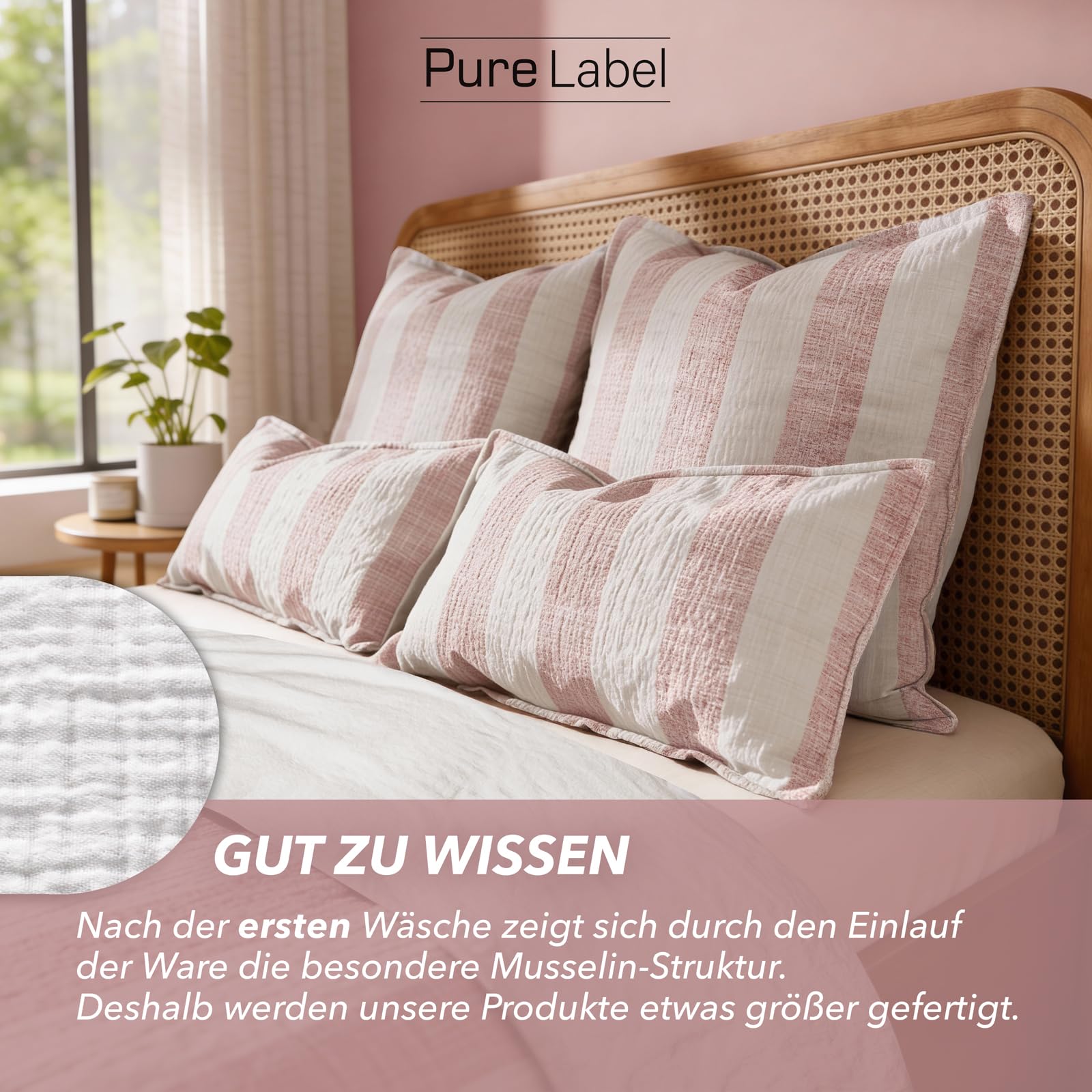 Pure Label Musselin Bettwäsche 135x200 Baumwolle, gestreiftes Bettwäsche Set Mauve mit Kissenbezug 80x80, anschmiegsame Baumwoll-Rückseite - 4