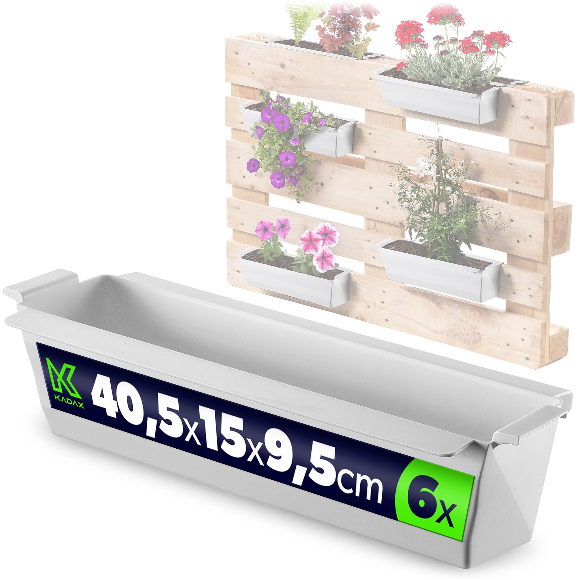 KADAX Lot de 6 jardinières pour palettes avec système de suspension, 37 x 9 cm, blanches, à planter et décorer, bac à fleurs pour palettes européennes, insert de pot de fleurs et cache-pot dans les